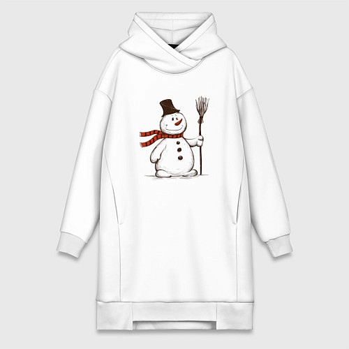 Женская толстовка-платье Новогодний снеговик с метлой / Белый – фото 1