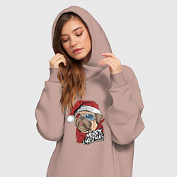 Женское худи-платье Pug merry christmas, цвет: пыльно-розовый — фото 2