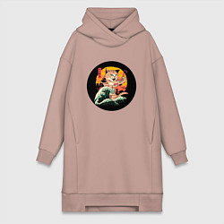 Женское худи-платье Большой японский кот с суши, цвет: пыльно-розовый