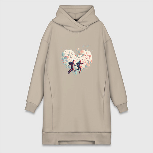 Женская толстовка-платье Влюбленные летят на фоне сердца / Миндальный – фото 1
