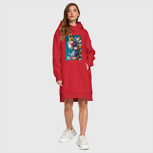 Женская толстовка-платье Девушка с птицей на фоне цветущей сакуры / Красный – фото 4