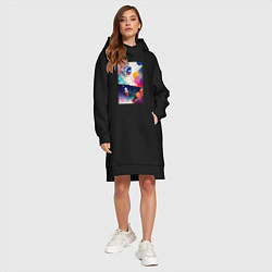 Женское худи-платье Абстрактный космонавт и разноцветные брызги краски, цвет: черный — фото 2
