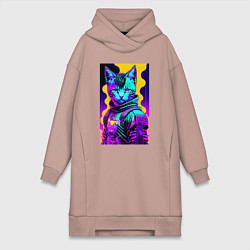 Женское худи-платье Прикольный неоновый котёнок - киберпанк, цвет: пыльно-розовый