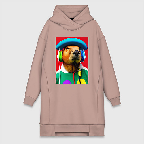 Женская толстовка-платье Капибара в наушниках и шляпе - нейросеть / Пыльно-розовый – фото 1