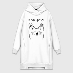 Женское худи-платье Bon Jovi - rock cat, цвет: белый