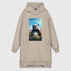 Женское худи-платье Довольная панда на природе, цвет: миндальный
