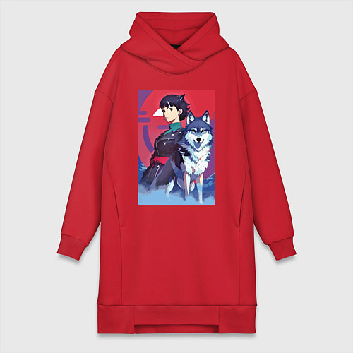 Женская толстовка-платье Девочка со своим другом волком - аниме / Красный – фото 1