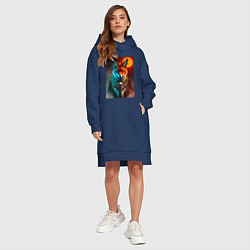 Женское худи-платье Лиса на фоне луны - киберпанк, цвет: тёмно-синий — фото 2