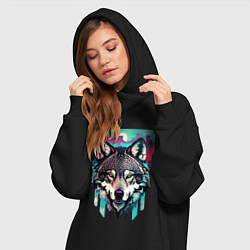Женское худи-платье Морда волка - акварель, цвет: черный — фото 2