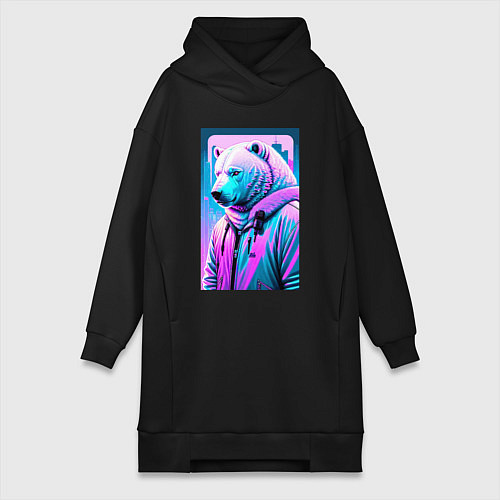 Женская толстовка-платье Белый медведь - неоновое свечение / Черный – фото 1