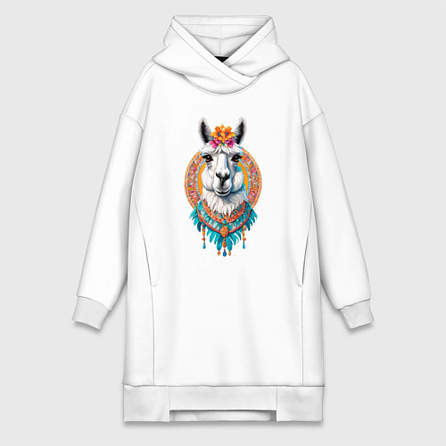 Женская толстовка-платье Красивая лама с цветами и перьями / Белый – фото 1