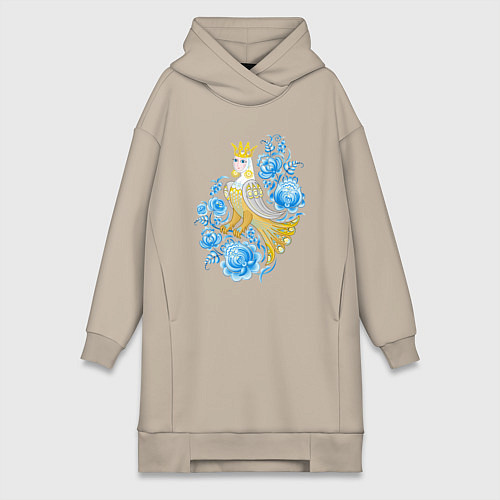 Женская толстовка-платье Птица Сирин в цветах по мотивам гжельской росписи / Миндальный – фото 1