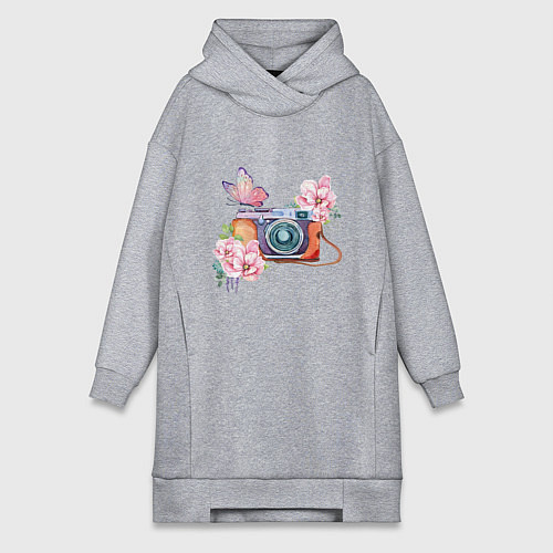 Женская толстовка-платье Фотоаппарат в цветах и бабочки / Меланж – фото 1
