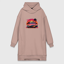 Женское худи-платье Ретро закат в Майями и гоночная машина, цвет: пыльно-розовый