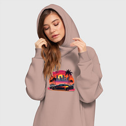 Женское худи-платье Ретро закат в Майями и гоночная машина, цвет: пыльно-розовый — фото 2