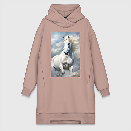 Женская толстовка-платье Белая лошадь на фоне неба / Пыльно-розовый – фото 1