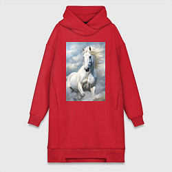 Женское худи-платье Белая лошадь на фоне неба, цвет: красный