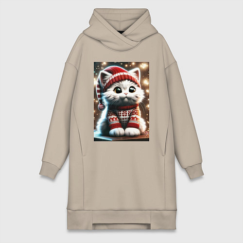 Женская толстовка-платье Котик в новогоднем свитере / Миндальный – фото 1