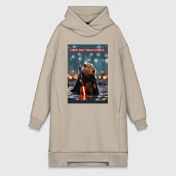 Женское худи-платье Капибара с мечом и надпись: хамить плохая примета, цвет: миндальный