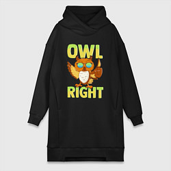 Женское худи-платье Owl right - каламбур отлично, цвет: черный