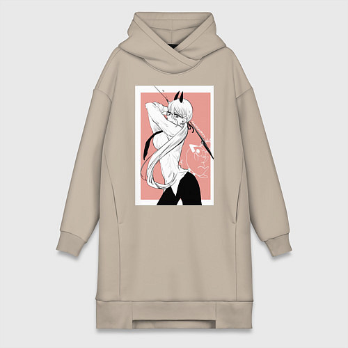 Женская толстовка-платье Человек бензопила Пауэр в офисном костюме / Миндальный – фото 1