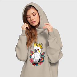 Женское худи-платье Попугай какаду на ветке с листьями, цвет: миндальный — фото 2