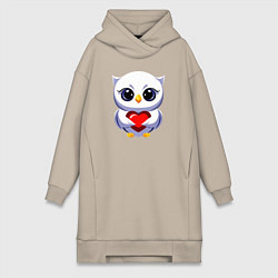 Женское худи-платье Совенок белый с сердечком, цвет: миндальный