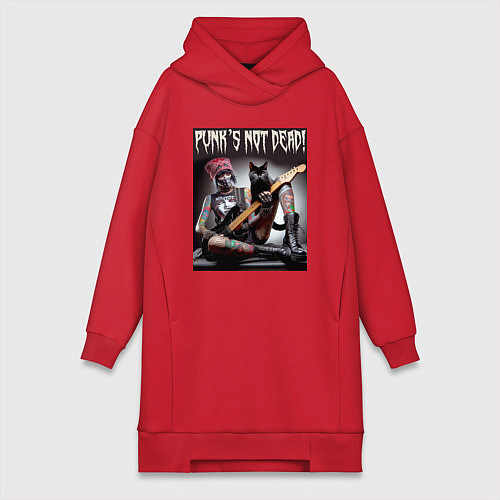 Женская толстовка-платье Punk girl with a black cat and a guitar / Красный – фото 1