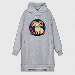 Женское худи-платье Барашек знак зодиака Овен на фоне цветов, цвет: меланж