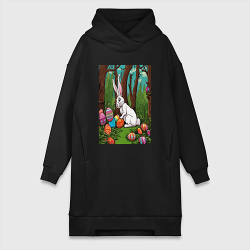 Женская толстовка-платье Пасхальный кроль в лесу / Черный – фото 1