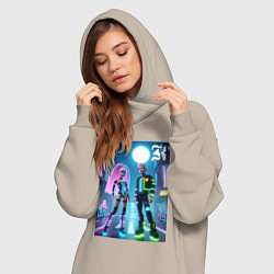 Женское худи-платье Барби и Кен в ночном городе - неон, цвет: миндальный — фото 2