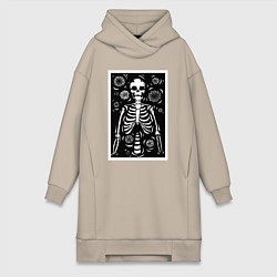 Женское худи-платье Скелет иллюстрация, цвет: миндальный