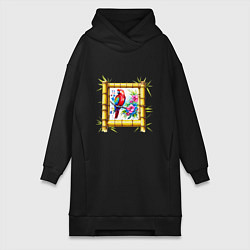 Женское худи-платье Попугай в рамке из бамбука, цвет: черный