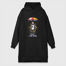 Женское худи-платье Одинокий робот под зонтом, цвет: черный