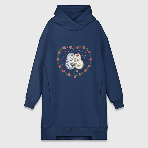 Женская толстовка-платье Коты в сердечке с розами / Тёмно-синий – фото 1