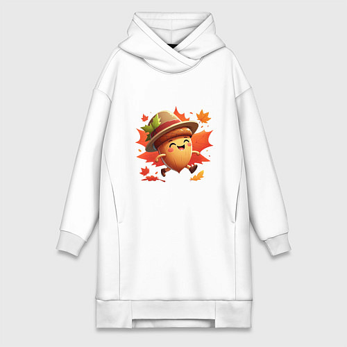 Женская толстовка-платье Веселый желудь на прогулке в листопад / Белый – фото 1