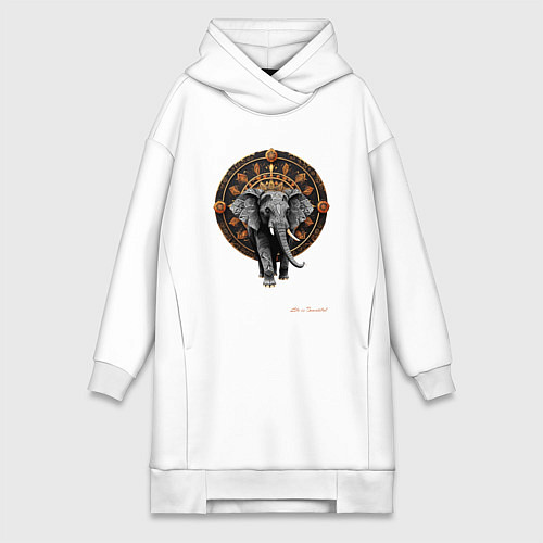 Женская толстовка-платье Слон с узорами на фоне колеса сансары / Белый – фото 1