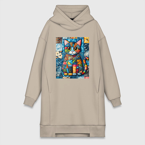 Женская толстовка-платье Прикольный котик - пэчворк / Миндальный – фото 1