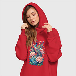 Женское худи-платье Павлин среди цветов, цвет: красный — фото 2