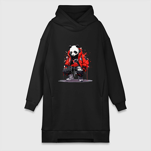 Женская толстовка-платье Модная панда в красной куртке / Черный – фото 1