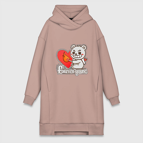 Женская толстовка-платье Медведь хулиган с сердцем и спичкой / Пыльно-розовый – фото 1