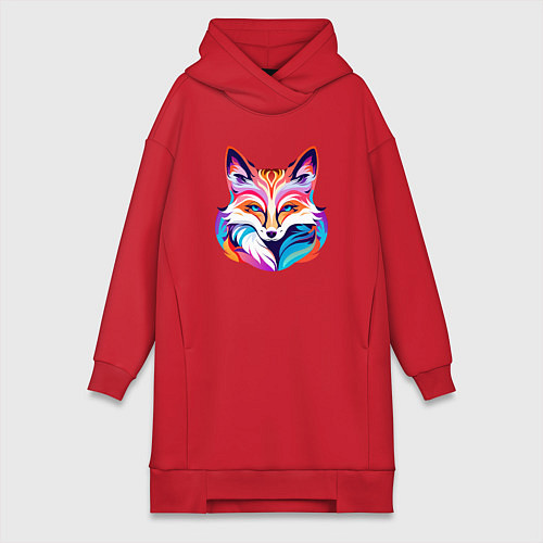 Женская толстовка-платье Яркий разноцветный портрет лисы / Красный – фото 1