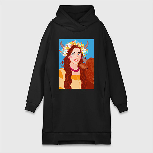 Женская толстовка-платье Девушка в цветочной короной из полевых цветов / Черный – фото 1