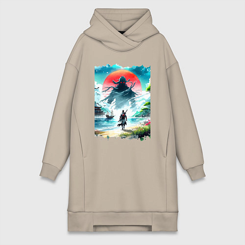 Женская толстовка-платье Призрак Цусимы - самурай на берегу озера / Миндальный – фото 1