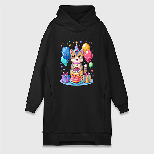 Женская толстовка-платье День рождения кота / Черный – фото 1
