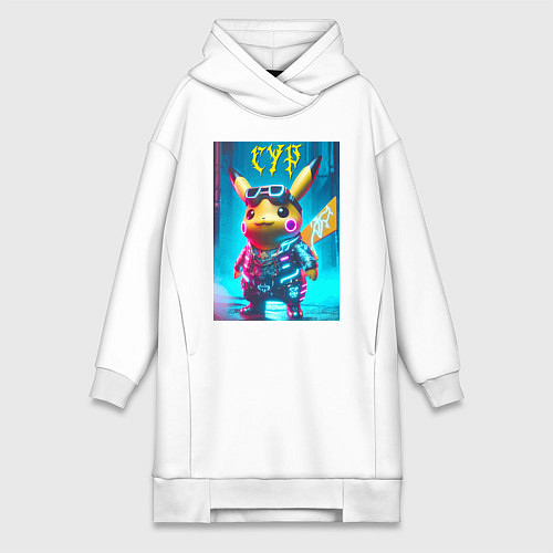 Женская толстовка-платье Cyber Pikachu - ai art fantasy / Белый – фото 1
