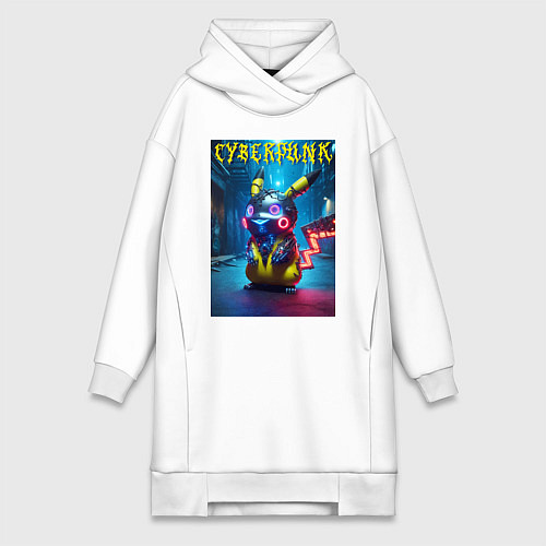 Женская толстовка-платье Cyberpunk - cool Pikachu neon glow / Белый – фото 1