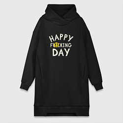 Женское худи-платье Happy f**king day - надпись и смайл, цвет: черный