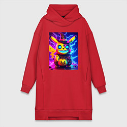 Женское худи-платье Пикачу киберпанк зомби - неоновое свечение, цвет: красный