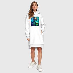 Женское худи-платье Крутой Дино в неоновых очках - нейроарт, цвет: белый — фото 2